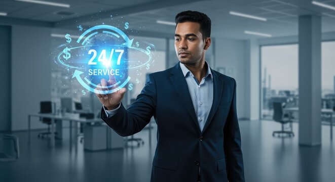 Professional businessman interacting with a glowing 24/7 service interface, symbolizing seamless global support and continuous business operations in a modern office setting.