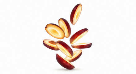 Obraz premium Fresh plum slices floating vertically in dynamic motion on white background