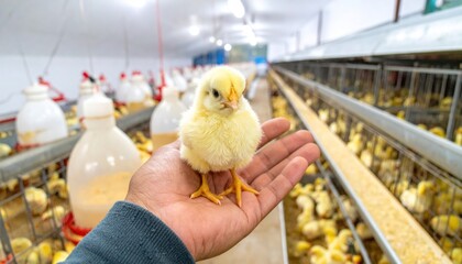 Tiny yellow chick sits on a person's palm inside a large poultry farm. Cage and feeding equipment are blurred