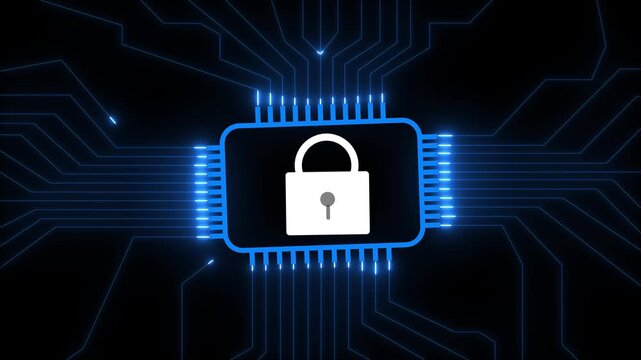 Secure digital network with glowing circuit board and padlock icon security. Lock icon with circuit board and digital network. Cyber security concept ensuring data protection and privacy.4k animation - Powered by Adobe