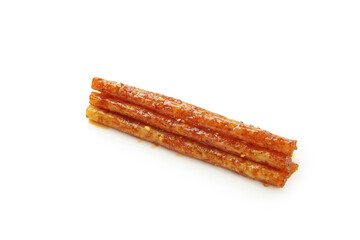 Handmade Spicy Beef Jerky Sticks - Traditional Dried Meat Snack Food on White Background