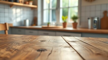 Rustic wooden table with natural grain texture, reflecting morning light from a kitchen window.
