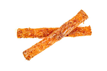 Handmade Spicy Noodle Sticks with Sesame Seeds on White Background