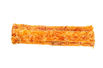 Handmade Spicy Golden Noodle Stick with Seeds on White Background