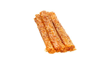 Handmade Spicy Noodle Sticks with Sesame Seeds on White Background