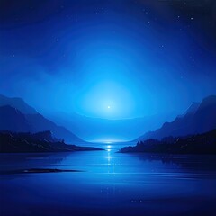 Serene deep blue night scene, featuring a tranquil lake nestled between mountains, reflecting the bright moon's glow