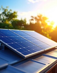Solar panels gleam atop a roof, backlit by a bright sun and trees. Clear, blue panels promise sustainable energy against a blue sky