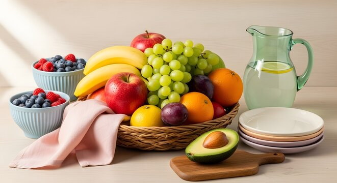 A vibrant still life of fresh fruits in a basket, including grapes, apples, and bananas, with berries and a pitcher of water.