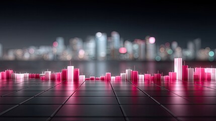 Stock Market Graph Visualization with Glowing Pink Bars on Dark Grid and Blurred Cityscape Background in Cinematic HDR Style