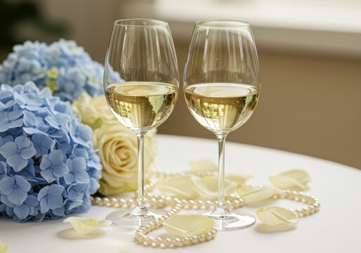 Two glasses of white wine on a white table with purple hydrangea flowers and a pearl necklace for party celebration in the garden of a country house, backyard, patio for banner, poster or card.	
 - Powered by Adobe