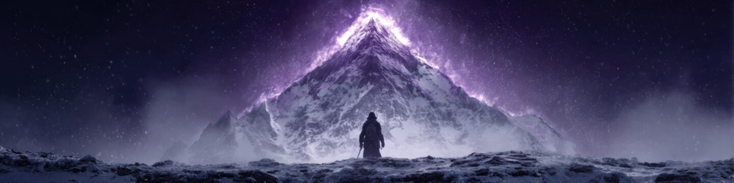 Massive glowing purple crystal pyramid stands atop snowy mountain under starry night sky with mysterious men in black and pilot creating cinematic atmosphere for creative abstract background design.