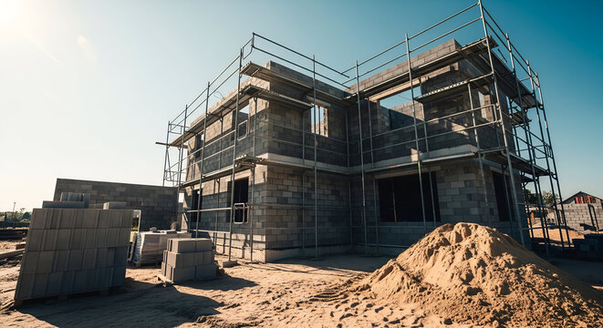 New house construction site with scaffolding and building materials
