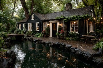 Obraz premium Dark cottage pond with koi fish and garden lights dark exterior