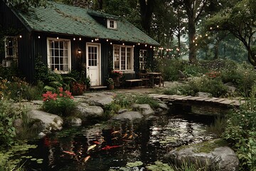 Obraz premium Dark forest cabin with koi pond and string lights koi fish
