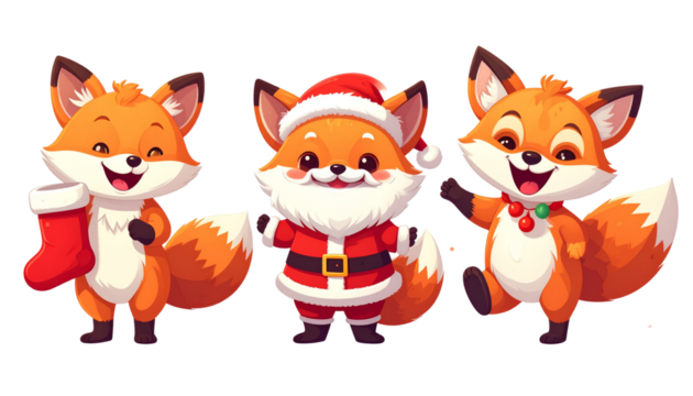 Three playful cartoon fox designs in Christmas theme isolated on transparent background
