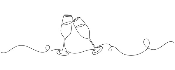 Two glasses of red wine in Continuous one line drawing.Romantic toast concept.Vector illustration eps 10