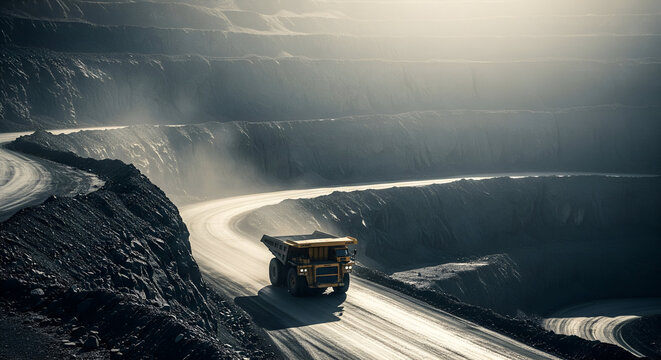 Massive dump truck navigates vast open pit mine under dramatic sky