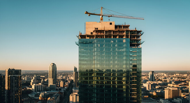 Modern skyscraper construction with crane against clear blue sky at sunset