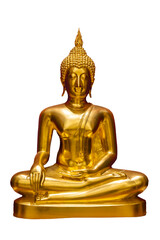 Golden Buddha statue meditating isolated on transparent background PNG file