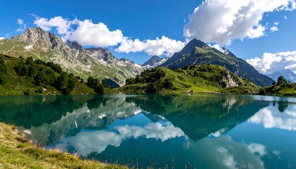 Serene mountain lake reflecting sky and peaks