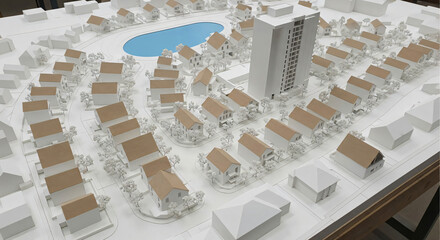 Architectural Model of a Residential Community with Tower and Pond
