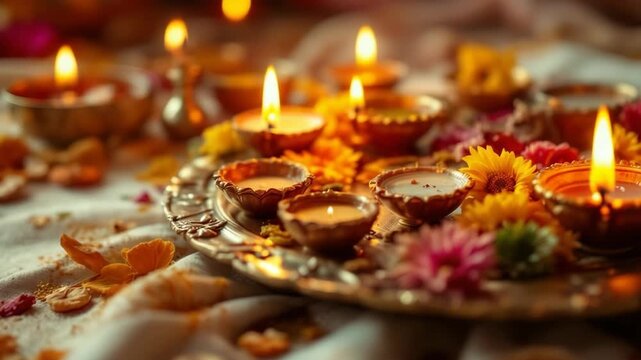Radiant dev deepavali celebration traditional earthen lamps and marigolds illuminate a sacred indian festive evening