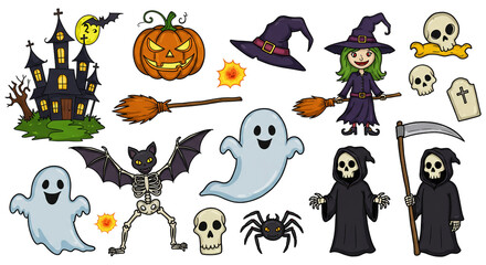 Halloween element set. Design for web banner, scrapbook, greeting card, invitation, poster, template, tag, stickers and party clipart.