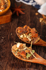 Assorted Spice Collection in Wooden Spoons on Dark Wood Table - Cooking Essentials