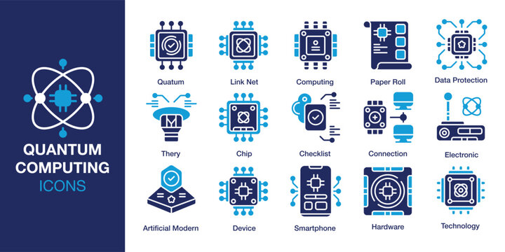 Quantum Computing icon set. Containing processor, computer, data, computing, information and more. Solid vector icons collection. Vector illustration.