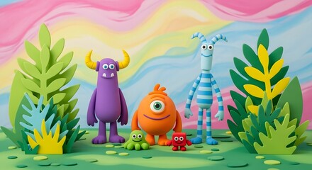 Colorful Clay Monsters in a Playful Scene with Rainbow Background and Green Foliage