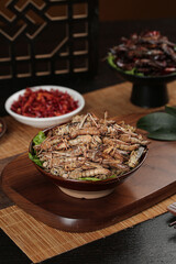 Fresh Fried Grasshoppers Traditional Asian Cuisine Shandong Style Insect Food Delicacy