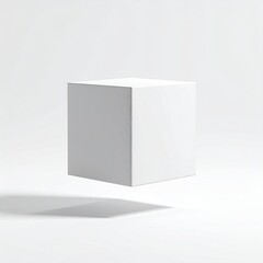 A white cube floats above a white surface, casting a soft shadow against a minimalist white background, suggestive of weightlessness