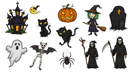 Halloween element set. Design for web banner, scrapbook, greeting card, invitation, poster, template, tag, stickers and party clipart.