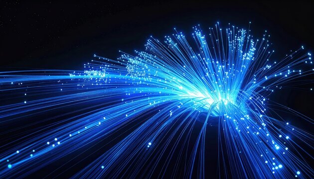 Abstract flowing blue light trails converging in a bright burst against a starry dark background, creating a sense of energy and futuristic connectivity