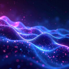 Wavy abstract, glowing blue/purple landscape with twinkling bokeh lights create a serene, futuristic feel. Soft-focused and dreamlike