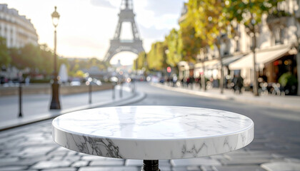 An empty, classic, round marble bistro table in Paris