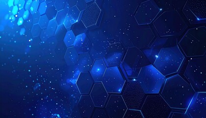 Abstract blue tech connected hexagons with glowing nodes and particles evoke a digital, futuristic, and interconnected network background
