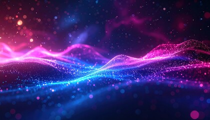 Ethereal digital landscape of undulating pink and blue lights, with soft bokeh accents suggesting depth and motion in a vibrant, cosmic expanse