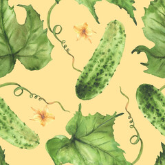 Cucumbers watercolor seamless pattern with yellow flowers, plant tendril, buds and leaves Hand drawn watercolor illustration for farm vegetable packaging, fabric design on Isolated coloured background