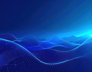 A blue digital landscape with flowing lines and dot grids creates a modern, futuristic atmosphere. The glow enhances the ethereal feel