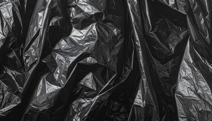 Crumpled black plastic bag texture, dark shadows, abstract folds.