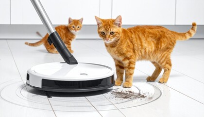Ginger tabby and kitten observe a robot vacuum on a white tiled floor, with a stick vacuum also present, creating a clean, bright indoor scene