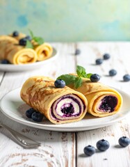 Rolled crepes on white plates filled with dark berry jam & a creamy filling, adorned with fresh blueberries & mint on a rustic wood table