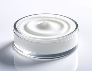 Creamy white substance in a clear, glass container, swirled with a peak on top. Minimalist composition with neutral background and reflection