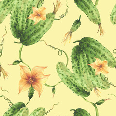 Cucumbers watercolor seamless pattern. Plant with flowers, tendril, buds and leaves. Hand drawn growing gardening illustration for harvest packaging, fabric on Isolated yellow coloured background