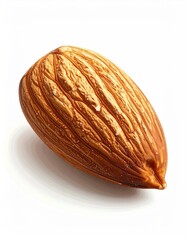 A close-up shot of a single almond, highlighting its textured surface and natural color variations against a clean white backdrop