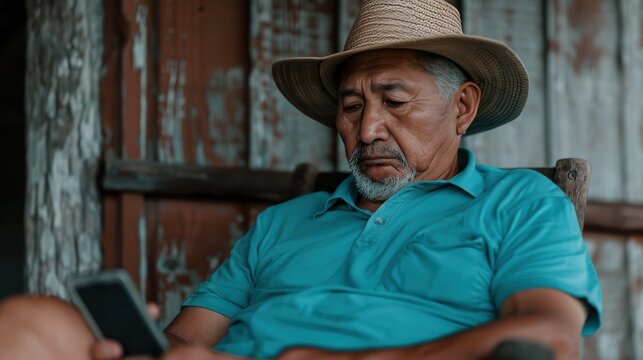 A contemplative older man in a straw hat sits on a porch, focused on his smartphone, surrounded by rustic wooden surroundings.