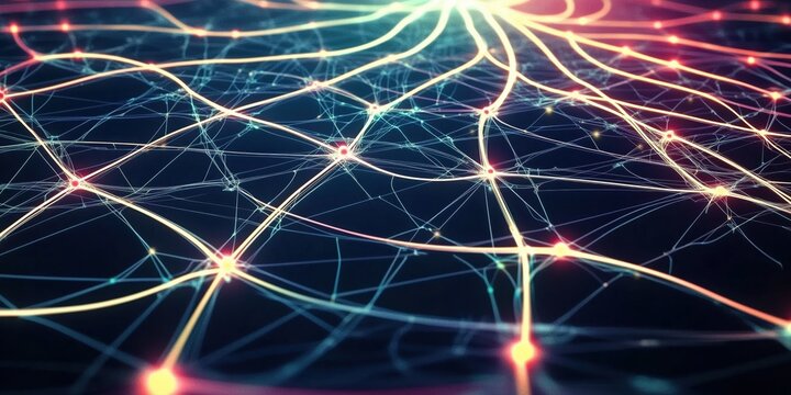 Futuristic network of neon lines and nodes emitting glow on dark background. 80s cyberpunk aesthetic, holographic, iridescent. Digital art, technology design, modern 90s, 2000s, Y2K visuals.