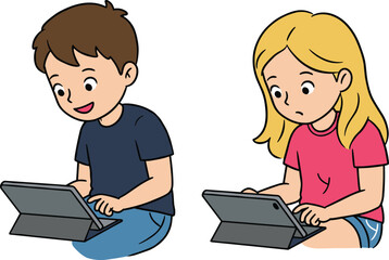 Cartoon boy and girl sitting with tablets, children using digital devices for gaming, online study, screen time, modern technology illustration