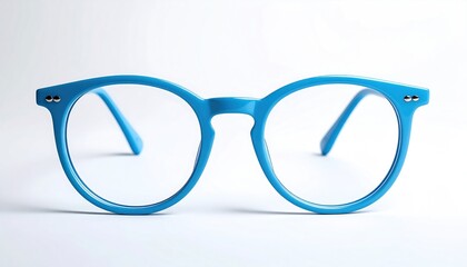 Vibrant turquoise glasses with round lenses rest against a bright, simple background, casting a subtle shadow in a clean, minimalistic style